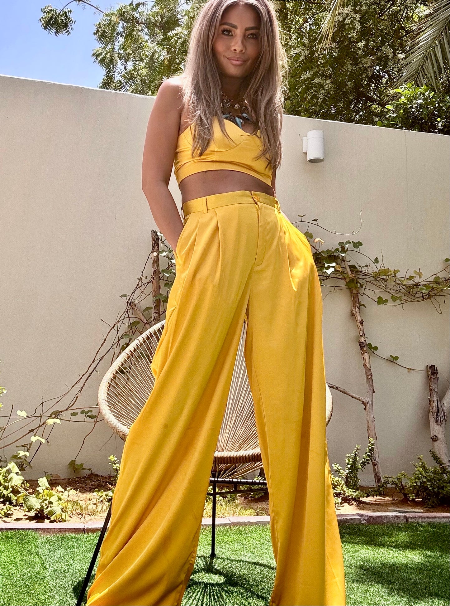 Mila Yellow Bustier and high-waisted trousers
