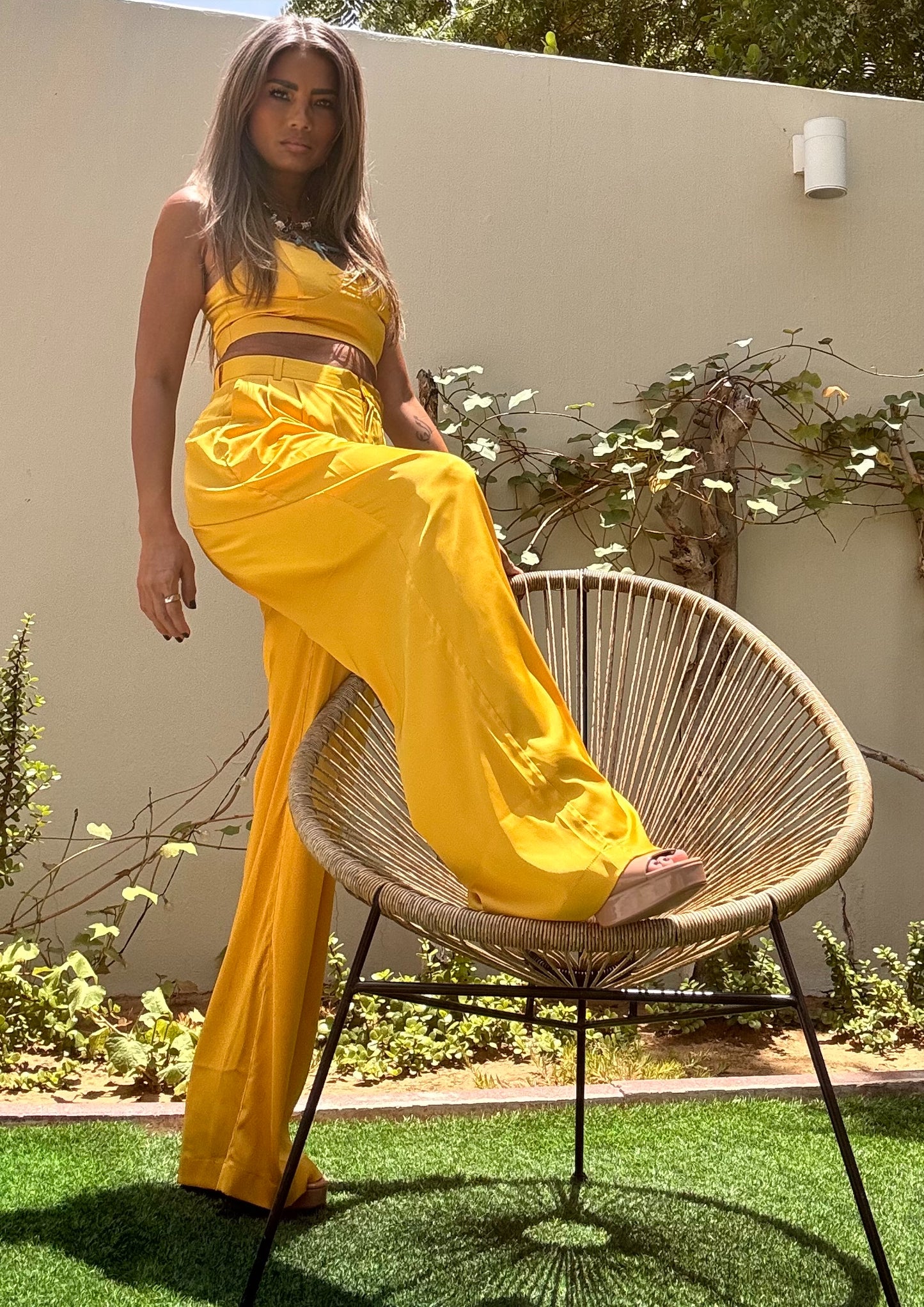 Mila Yellow Bustier and high-waisted trousers